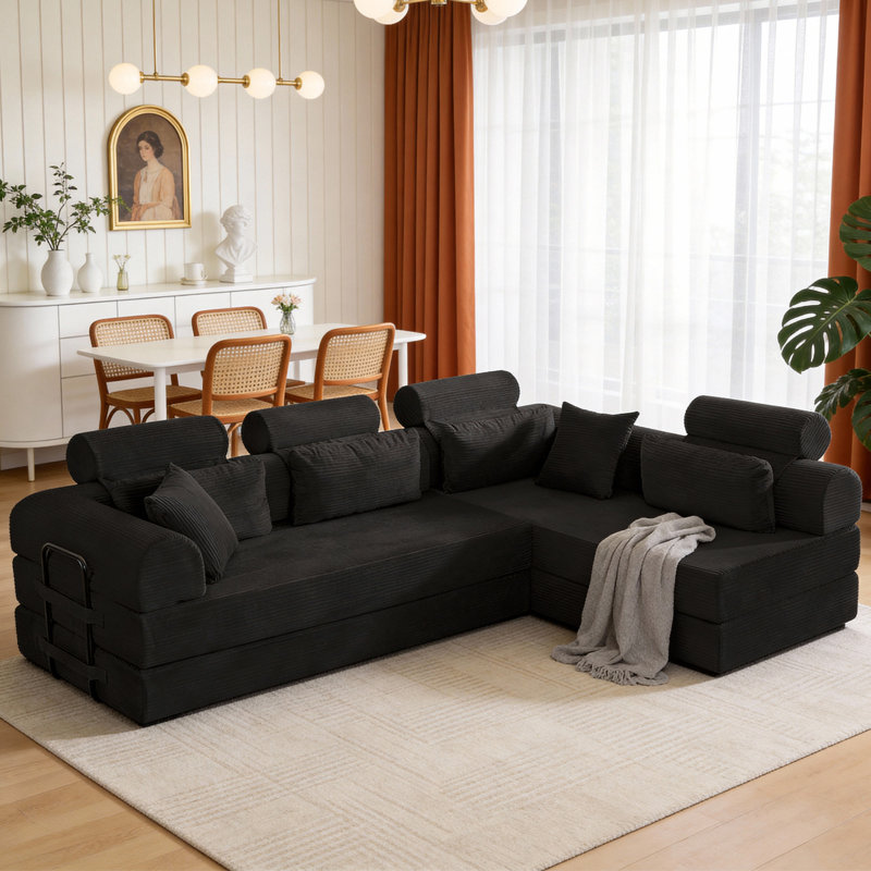 Canapé modulaire en forme de L, canapé modulaire compressé en velours côtelé de style minimaliste moderne, se déplie en un lit, une chambre à coucher, canapé confortable à conception compacte (noir)