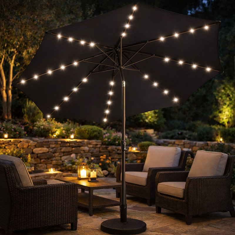 Parasol d'extérieur lumineux 9 pi avec éclairage à DEL avec bouton-poussoir et manivelle pour terrasse, cour, Noir
