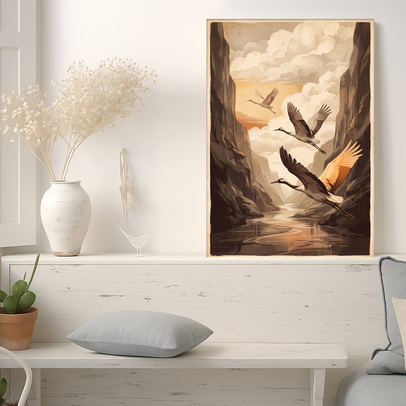 «Flying Cranes Over Canyon River at Sunset», art mural, H 30 po x l 20 po