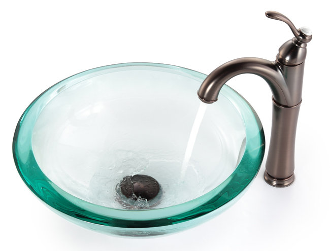 Évier vasque en verre transparent KRAUS de 34 mm avec bonde escamotable et anneau de fixation, Nickel satiné