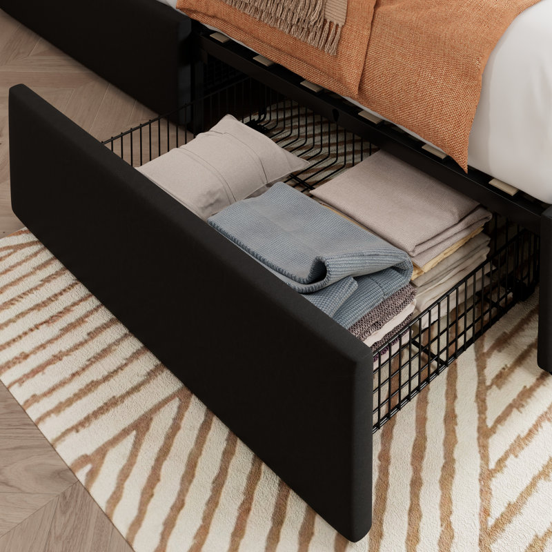 Vegan Storage Platform Bed with 4 Drawers and Adjustable Diamond Stitched Leather Headboard, Queen, Black