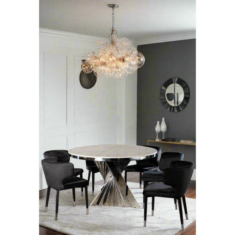 Garnica 7-Piece Round White Marble Dining Table Set with 6 Velvet Curved Back Chairs – White Marble Top, Gold, Black