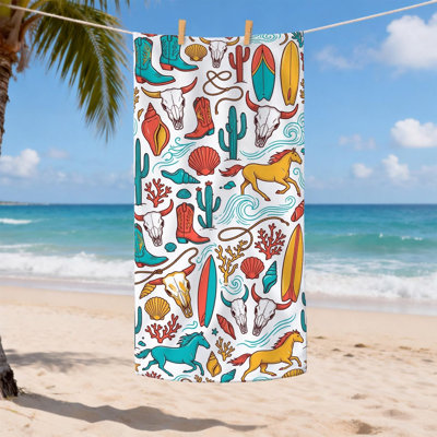 Colorful Western Theme Microfiber Beach Towel, Quick Dry Absorbent Soft Sand Free Lightweight Beach Blanket, Perfect for Pool Vacation Camping Outdoor Travel Essentials 60*80inch