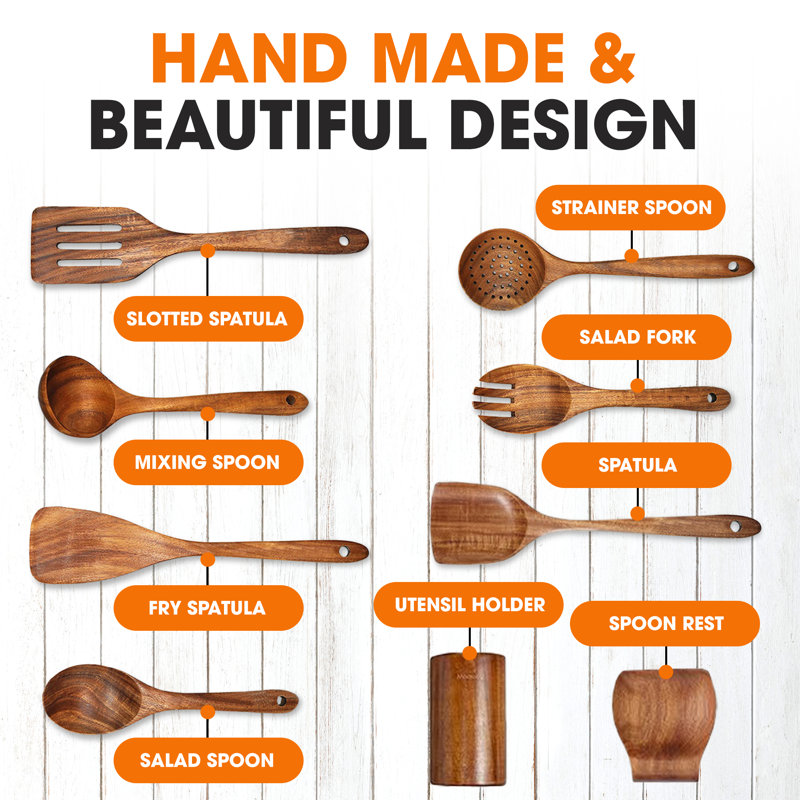 Deluxe 9-Piece Natural Wood Cooking Utensils Set with Holder