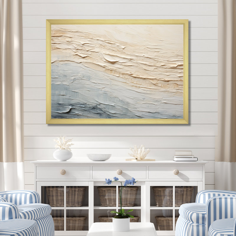 Décoration murale moderne bord de mer beige et gris I - Océan côtier, Cadre doré simple, H 30 po x l 40 po x P 1,5 po