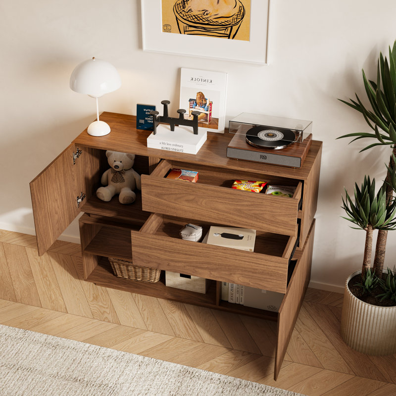 Meuble télé 94 po Mid-Century, console multimédia en bois brun pour le salon avec gestion des câbles, 2 tiroirs