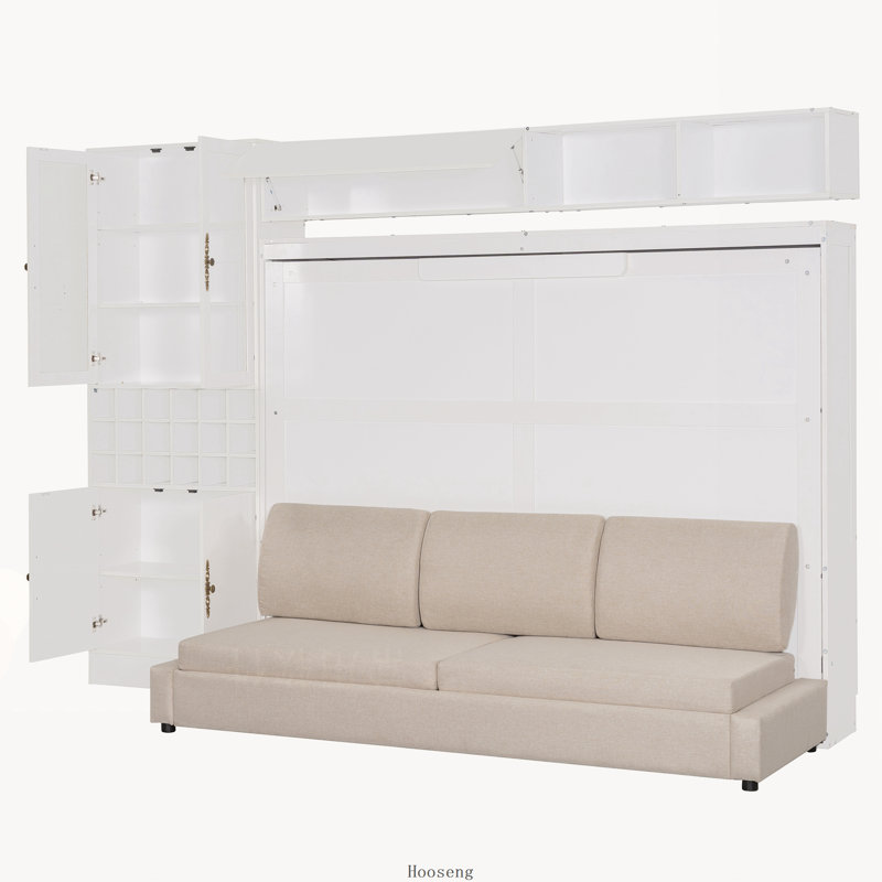 Lit escamotable Queen avec canapé, étagères, port USB et éclairage, blanc, Gris, blanc