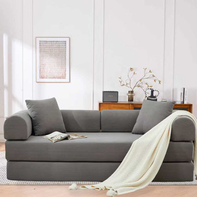 63" Gray Corduroy Folding Sofa Bed, Convertible Futon Couch Bed with Foam Spring Mattress and 2 Pillows, No Assembly Required for Living Room, Office and Apartment