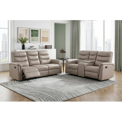Reclining Motion Sofa Set 2pc Taupe Fabric Sofa Loveseat Cup Holders Storage Console Microfiber Plywood Living Room Furniture