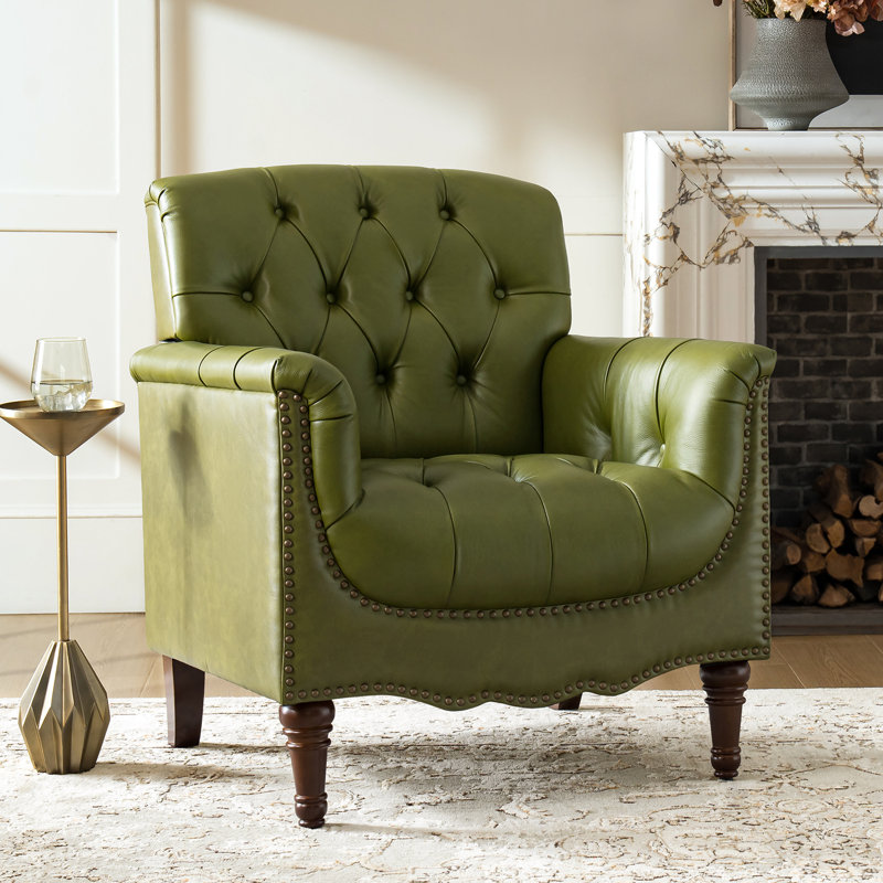 Fauteuil en cuir véritable capitonné Annja, Cuir pleine fleur olive