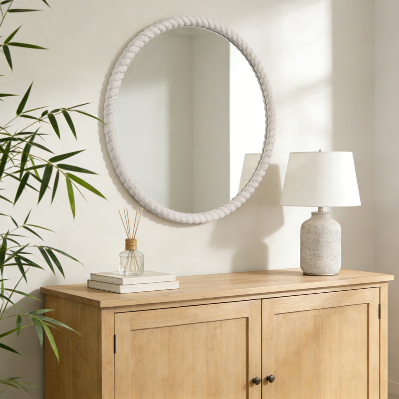 Round Rope Effect Frame Decorative Wood Mirror, White