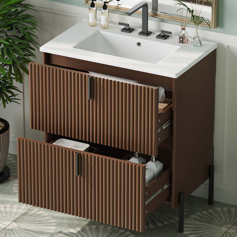 Meuble-lavabo de salle de bain avec lavabo en céramique et tiroirs pleine extension, Marron foncé