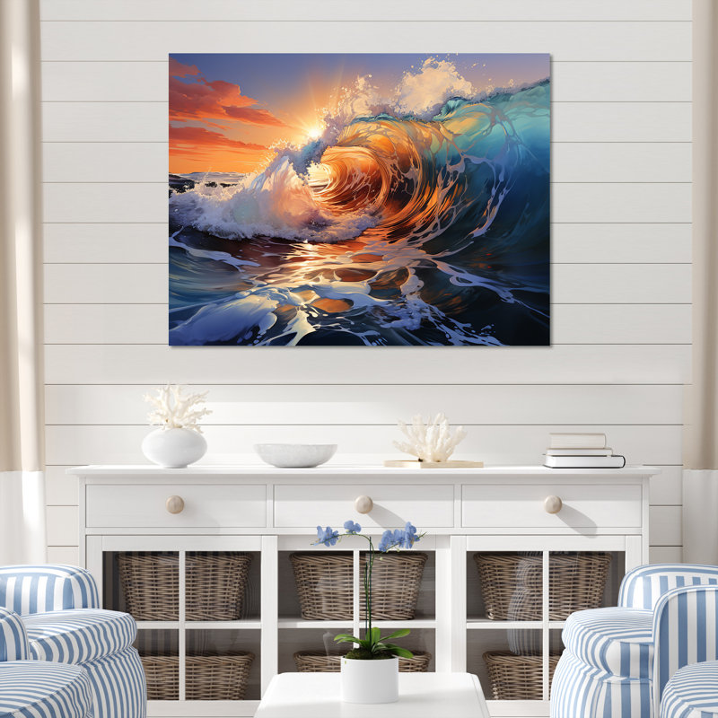 «Blue and Orange Sunrise Waves IV» - art mural vagues côtières, Cadre de coin argenté fermé, H 34 po x l 44 po x P 1,5 po