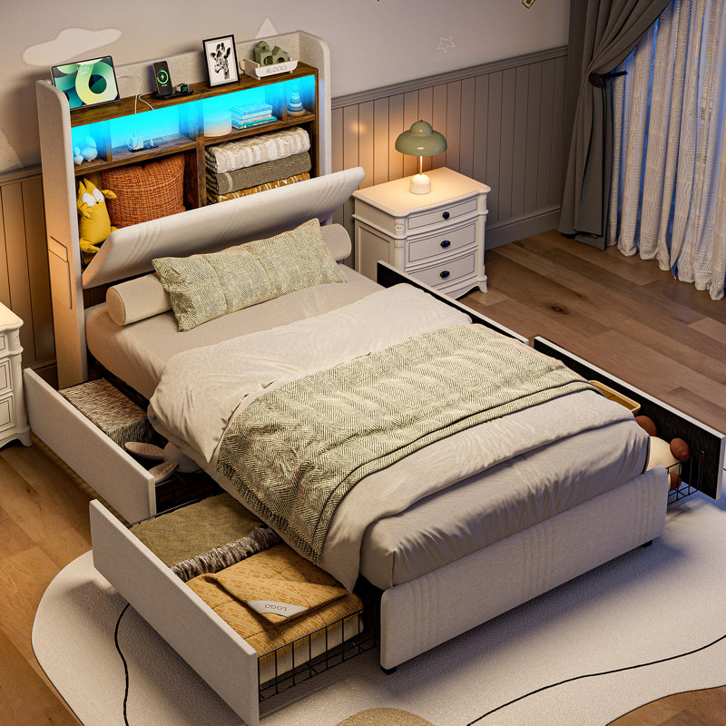 Structure de lit simple TG avec tête de lit cachée à oreilles et 4 tiroirs de rangement, tête de lit tapissier de 49,2 po de hauteur avec lumières à DEL et station de charge, aucun sommier requis, lattes en bois massif, silencieux, blanc