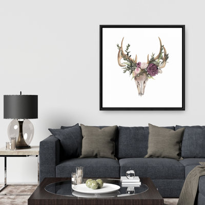 Crâne de cerf avec fleurs - décoration de chambre à coucher encadrée