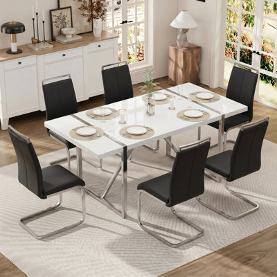 Ensemble de salle à manger 71 "rectangulaire moderne avec base géométrique en métal et chaises en porte-à-faux en similicuir