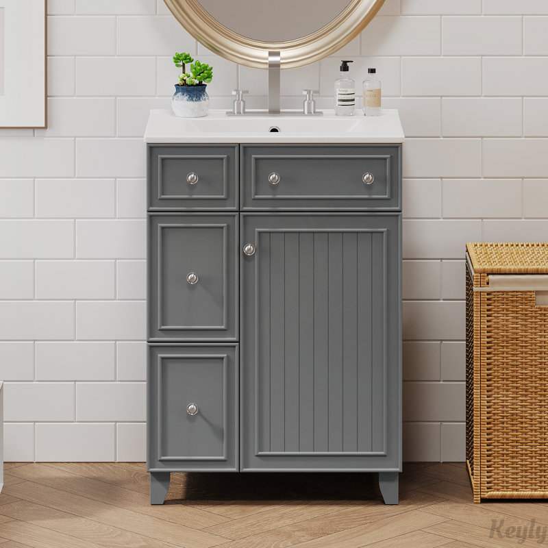 Meuble-lavabo 24 po avec lavabo en céramique, 2 tiroirs, 1 porte à fermeture en douceur, Gris