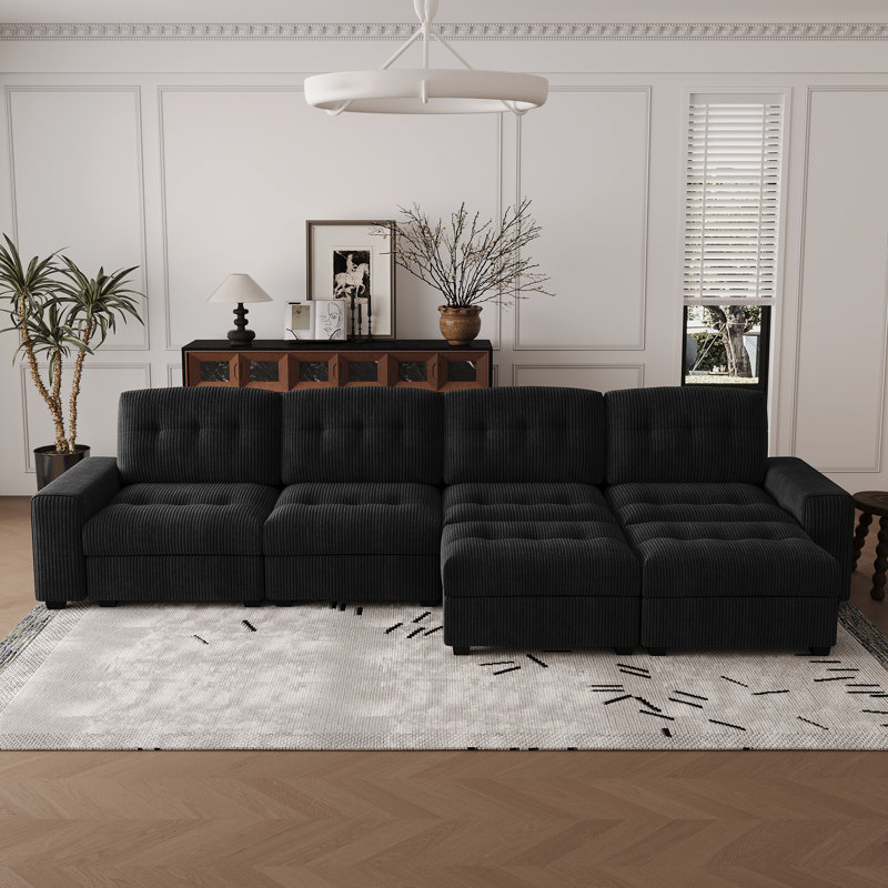 Corduroy Tufted 4-Seat Sofa U-Shaped L-Shaped Livingroom Couch With Movable Ottoman, Black Corduroy