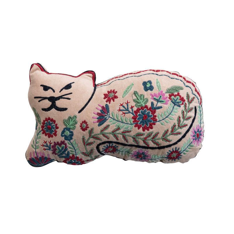 Cotton Velvet Cat Shaped Pillow With Botanicals And Embroidery
