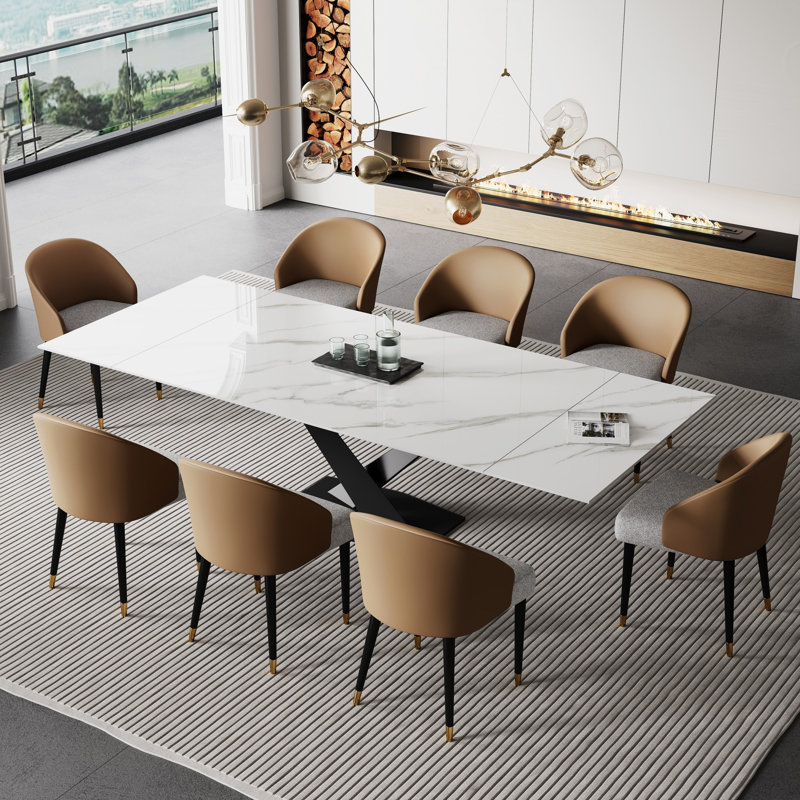 Russile 9 - Piece 94.48'' Extendable Sintered Stone Dining Table With 8 Leather Chairs Dining Set, White, Orange/Gray