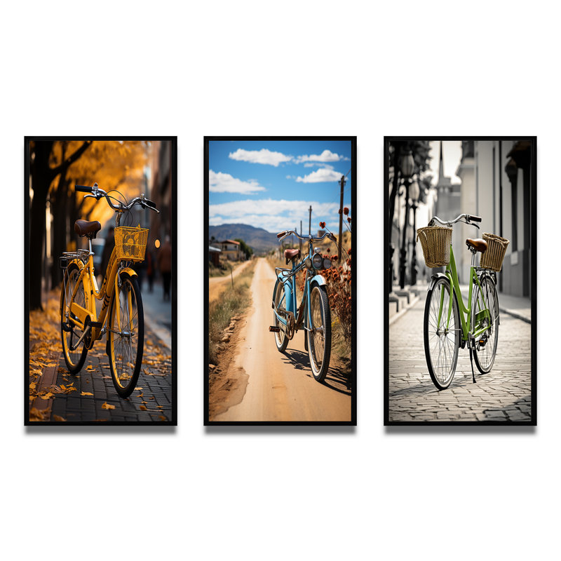 "Vélo urbain" 3 pièces sur toile, H 32 po x l 48 po, Cadre noir