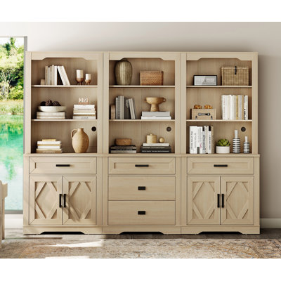 3 Column Bookcase With Drawer,73.3" Tall Floor Standing Bookshelf,Modern Farmhouse Display Storage Cabinet With Adjustable Shelves,Light Oak