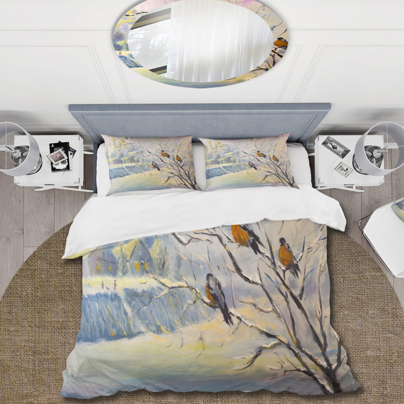 Rustic Birds On A Tree In Winter Village - Ensemble de housse de couette Farmhouse - Microfibre de polyester