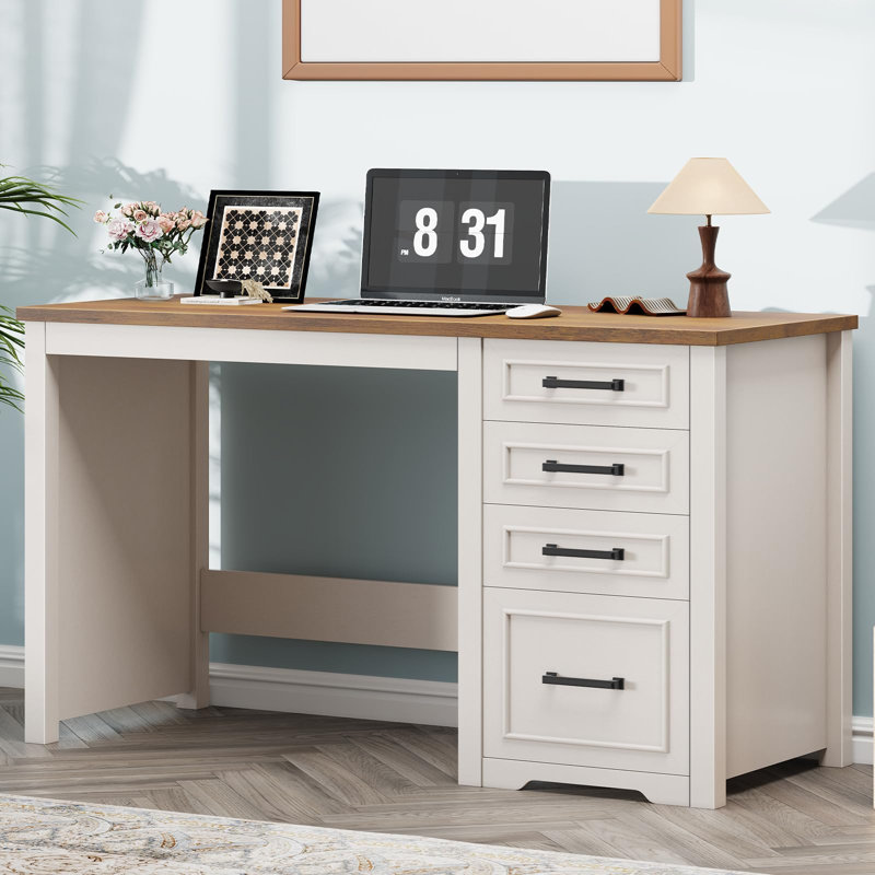 Farmhouse 49” Executive Desk With File Drawer, 4 Drawers Reversible Computer Desk, Natural/White
