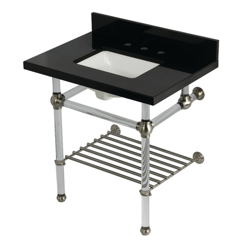Kingston Brass Templeton 30-Inch Black Granite Console Sink with Acrylic Legs and Shelf (8-Inch, 3-Hole), Brushed Nickel