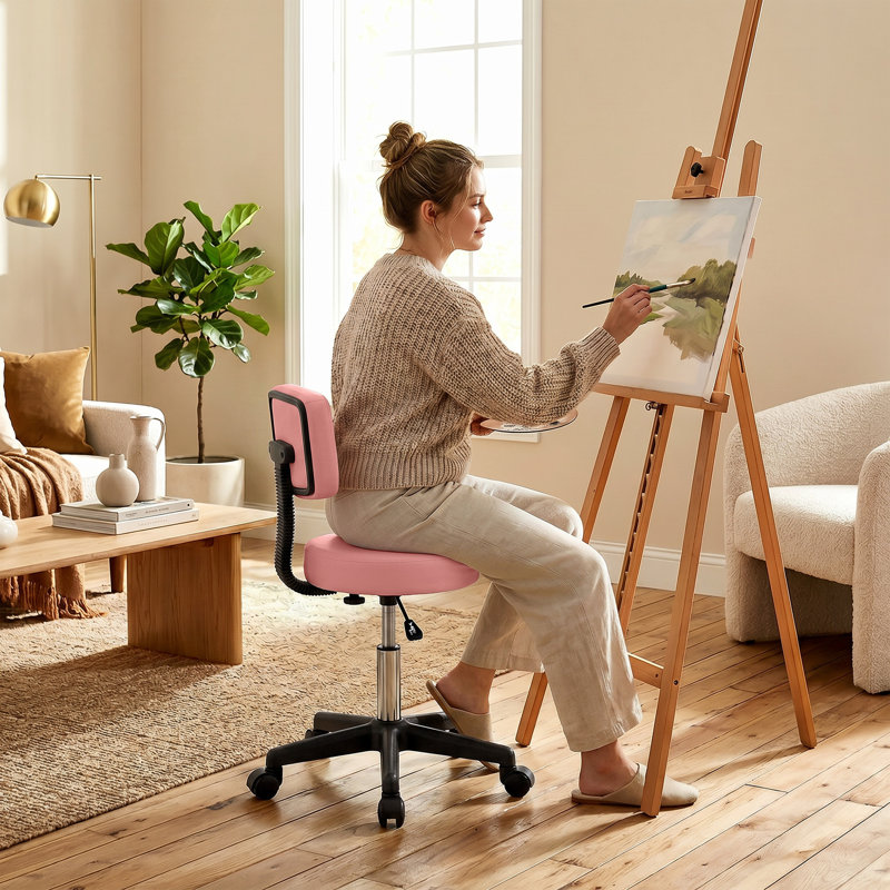 Tabouret roulant avec roulettes, tabouret pivotant avec support pour le dos, rose