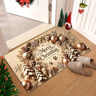 Tapis de porte antidérapant intérieur/extérieur, 40 x 60 cm, beige et or, motif couronne de Noël