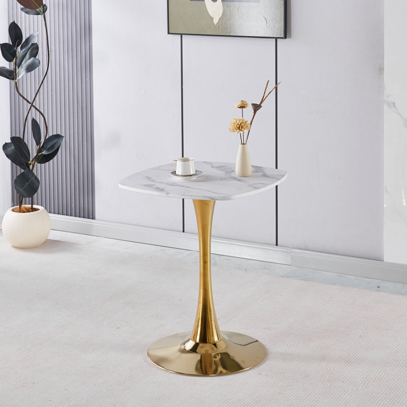 Square Tulip Dining Table For 2-4 Persons, 24 Inch Small Kitchen Table With Sturdy Golden Metal Pedestal Base, Modern Bistro Table For Small Space, Apartment, Cafe, Office, Living Room (White & Gold)