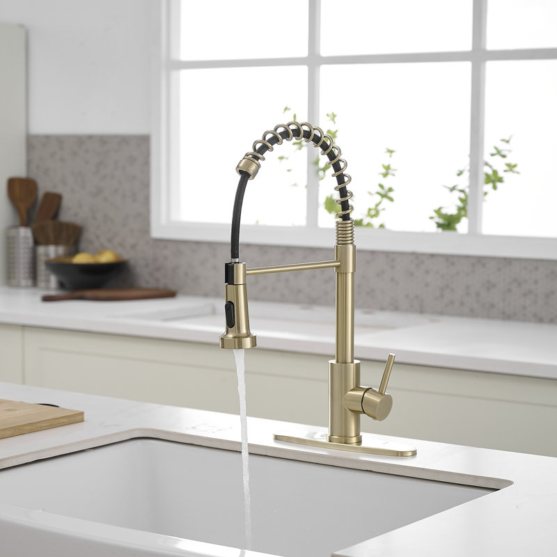 High Arc Kitchen Faucet With Single-Handle Pull-Down Sprayer And Deck Plate, Brushed Gold