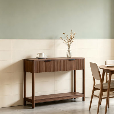Mid-Century Fluted Console Table With Drawers And Shelf, Walnut Finish Fits Narrow Entryways And Small Living Spaces.
