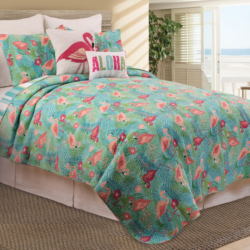 Isla Tropics Pink and Aqua Cotton Reversible Quilt Set