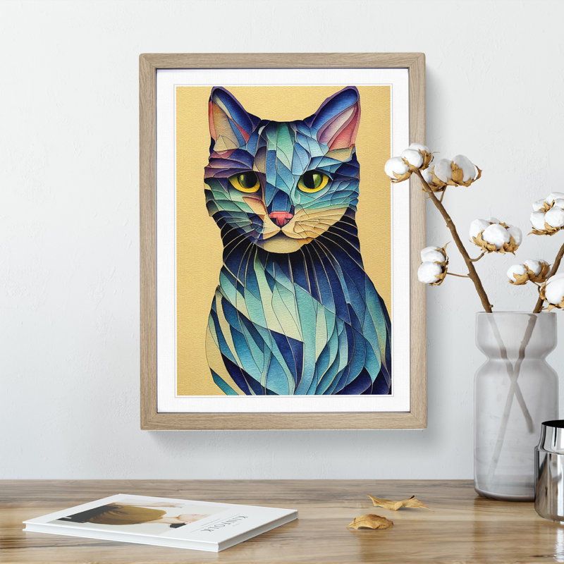 Colourful Cat No.3 Abstract 1 Piece Single Picture Frame Painting, 64cm H x 46cm W x 2cm D, Oak