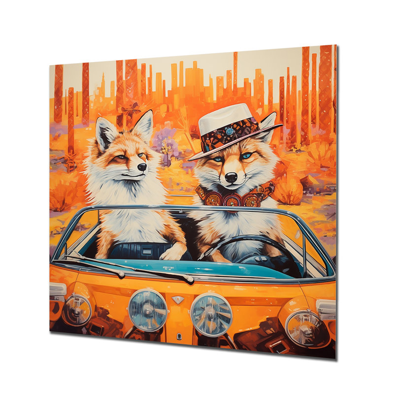 «Adventurous Foxes Drive I» - art mural en métal avec un renard, H 36 po x l 36 po x P 1,5 po