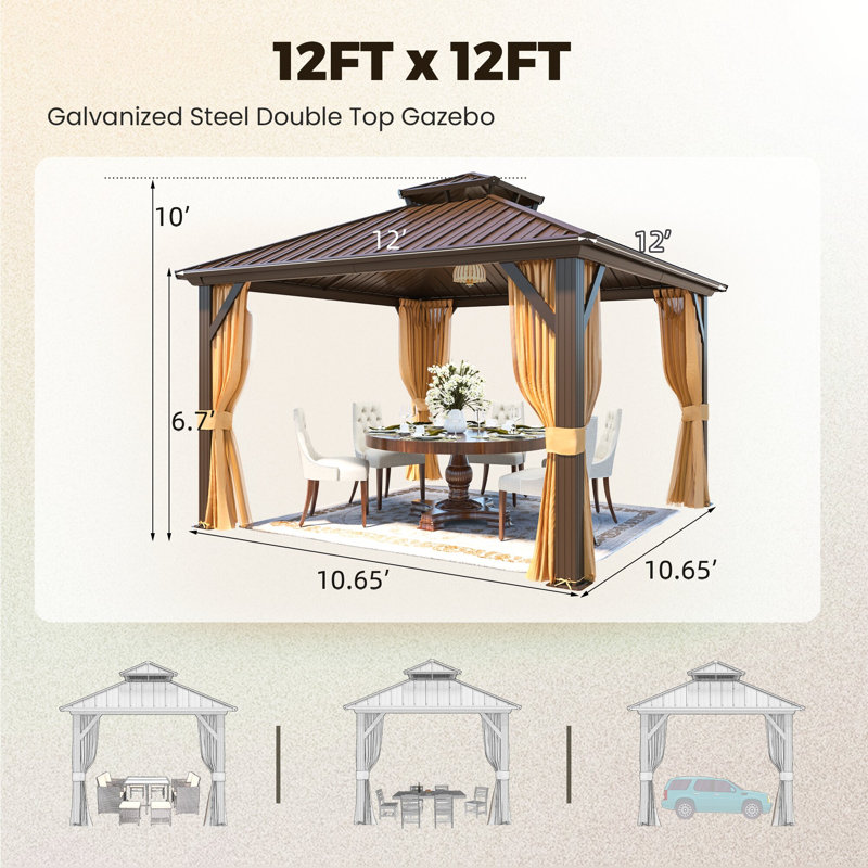 12' X 12' Hardtop Gazebo, Aluminum Frame Gazebos With Galvanized Steel Double Roof, Permanent Outdoor Metal Pavilion With Curtain & Netting For Patio, Lawn, Deck