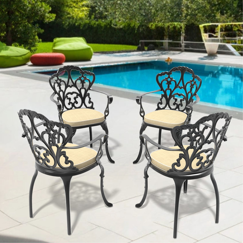 Chaise de patio en fonte d'aluminium 2 pièces avec structure noire et coussins beiges, 2