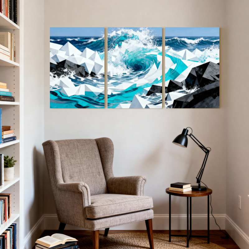 «Nautical & Beach Ocean Waves Crashing Against Geometric Icebergs», ensemble de 3 impressions d'art sur toile