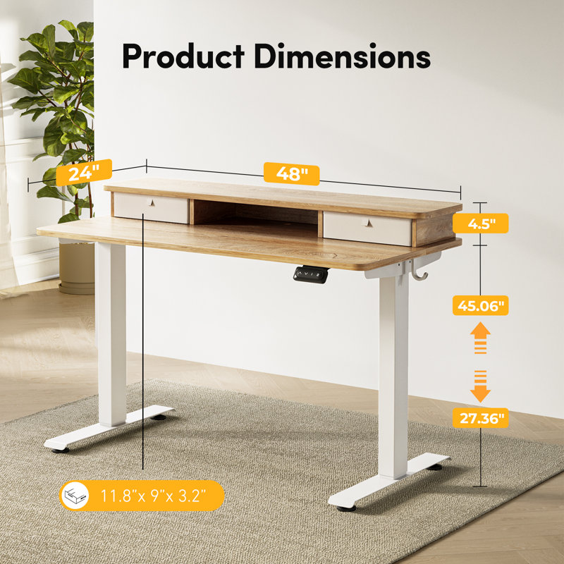 Bureau debout à hauteur ajustable Eliuth, H 46 po x l 48 po x P 24 po, Érable / Blanc