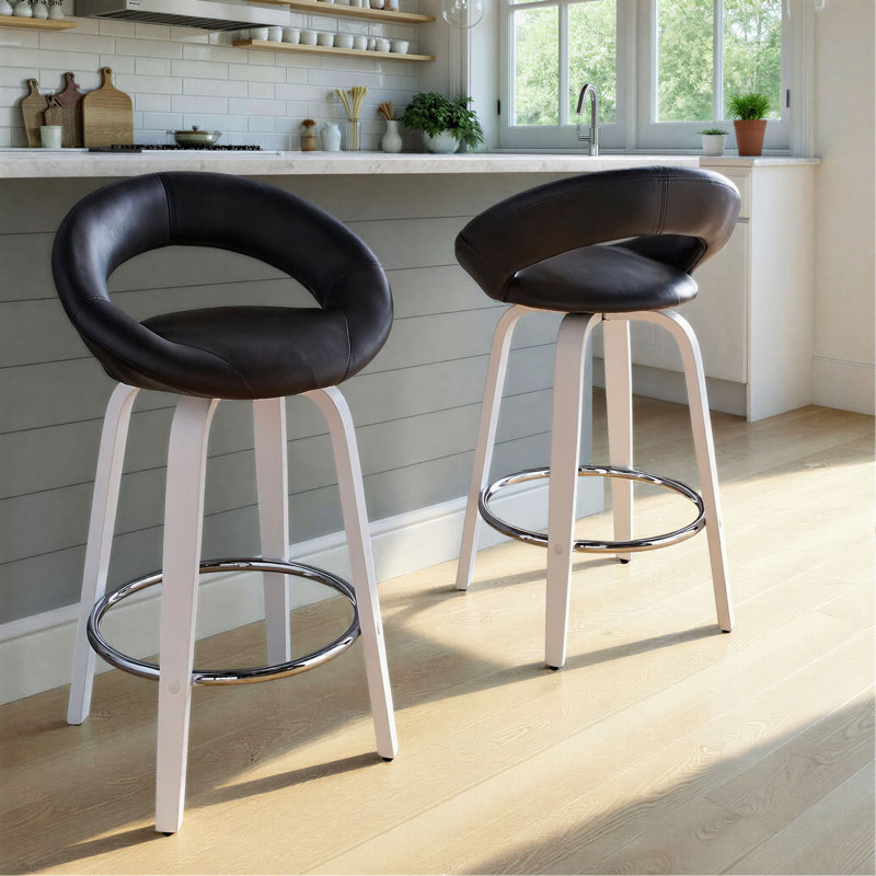 Tabouret de comptoir à hauteur fixe avec pivot en bois blanc et similicuir avec repose-pieds rond chromé - ensemble de 2