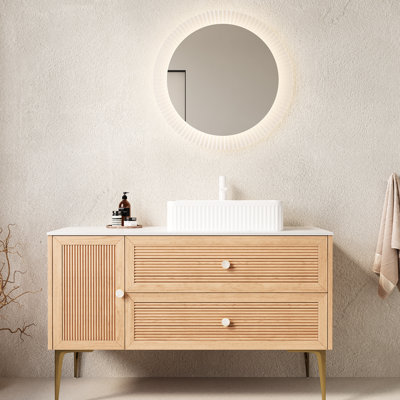 Meuble-lavabo autoportant de 48 po avec lavabo en céramique, chêne, 4 pieds en métal, 2 tiroirs et 1 porte, contreplaqué de haute qualité, finition facile à installer, rangement en contreplaqué blanc,