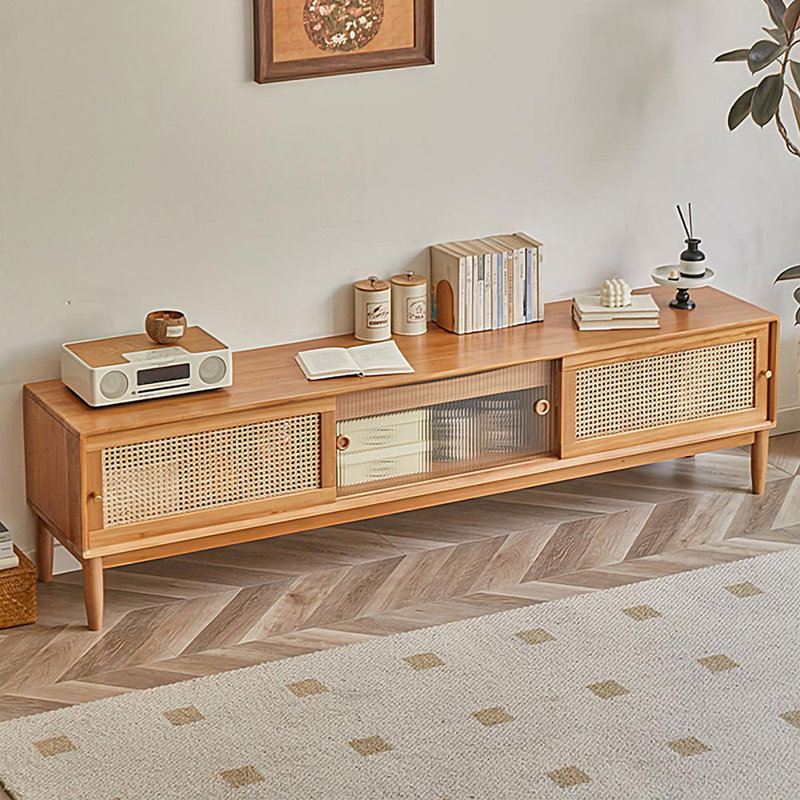 78.74" Nut-brown Solid Wood+Rattan+Glass TVStands, Burlywood, 70.87"