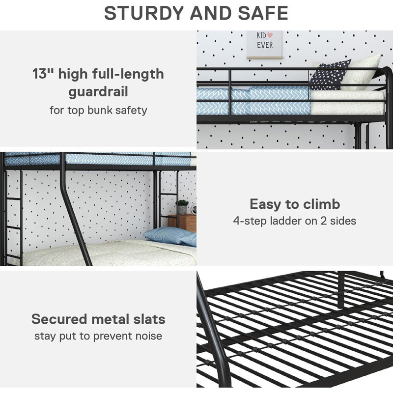 Metal Bunk Bed Frame for Kids, Teens, and Adults, With Angled Ladder, High Full Length Guardrail, Smooth Rounded Edges, No Boxspring Required, For Small Spaces, Twin-Over-Full, Black