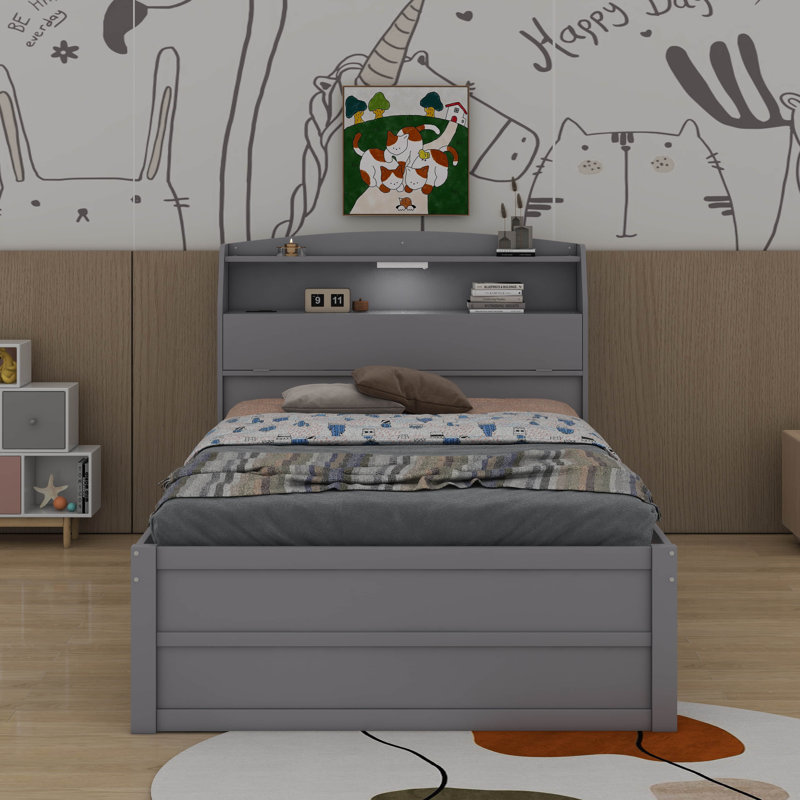 Lit plateforme double en bois avec tiroirs, tête de lit et lit gigogne, Gris