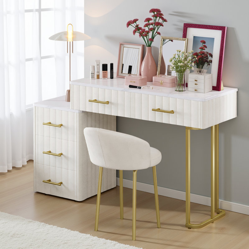 Makeup Vanity Desk Set With 5 Drawers And Chair, White/Beige