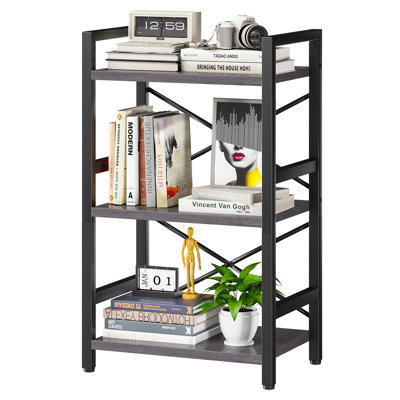 Bibliothèque à 3 niveaux, bibliothèque industrielle à 3 niveaux, petite bibliothèque en métal, étagère de rangement rustique pour bibliothèque, salon et chambre à coucher (gris)