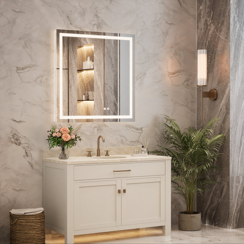 Cardier Front and Backlit Wall Mount Bathroom LED Vanity Mirror with 3-Color Adjustment, Shatterproof, Tempered Glass, Square