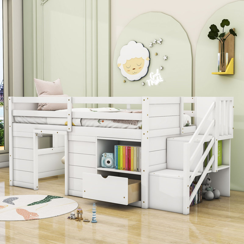 Lit mezzanine simple en bois avec 1 tiroir Jakaleb, Blanc
